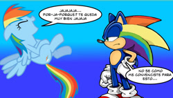 Size: 1024x582 | Tagged: safe, artist:bronysonicyoutube, derpibooru import, rainbow dash, pegasus, pony, crossover, dialogue, sonic the hedgehog, sonic the hedgehog (series), spanish, translated in the comments