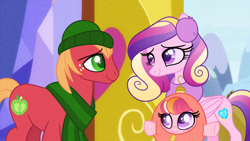 Size: 1280x720 | Tagged: safe, artist:carouselunique, big macintosh, princess cadance, oc, oc:honeycrisp blossom, alicorn, pony, best gift ever, alternate universe, cadmac, christmas, christmas ornament, decoration, female, hearth's warming eve, holiday, husband and wife, male, offspring, parent:big macintosh, parent:princess cadance, parents:cadmac, pegasus cadance, ponyville, scene interpretation, shipping, straight, twilight's castle, what if