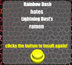 Size: 351x319 | Tagged: safe, lightning dust, rainbow dash, insult, king of buttons, king of buttons 3, ramen, text, text only