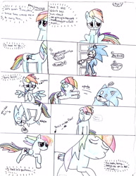 Size: 2550x3300 | Tagged: safe, artist:luvsondash, derpibooru import, rainbow dash, pegasus, pony, comic, crossover, crossover shipping, female, interspecies, male, shipping, sonic the hedgehog, sonic the hedgehog (series), sonicdash, straight, traditional art