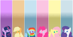 Size: 640x322 | Tagged: safe, artist:valcron, derpibooru import, applejack, fluttershy, pinkie pie, rainbow dash, rarity, twilight sparkle, earth pony, pegasus, pony, unicorn, cotton candy, female, food, horn, lineless, mane six, mare, solo, spread wings, wings