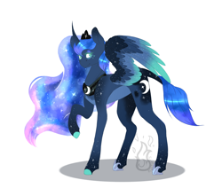 Size: 2048x1740 | Tagged: safe, artist:fireheartsk, princess luna, alicorn, pony, alternate design, cutie mark, ethereal mane, female, jewelry, leonine tail, looking at you, mare, regalia, short tail, simple background, smiling, solo, spread wings, starry mane, white background, wings