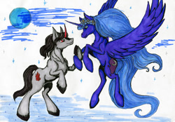 Size: 900x627 | Tagged: safe, artist:haroldroe, king sombra, princess luna, alicorn, pony, unicorn, blue moon, curved horn, female, flower, flower in hair, flying, holding hooves, looking at each other, lumbra, male, missing accessory, mist, night, shipping, smiling, sparkling, straight, traditional art, unshorn fetlocks