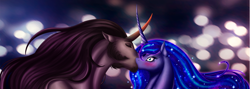 Size: 2496x888 | Tagged: safe, artist:silverwolf866, king sombra, princess luna, alicorn, pony, unicorn, blushing, curved horn, female, flowing mane, kissing, lumbra, male, missing accessory, shipping, sideburns, straight, surprise kiss, surprised