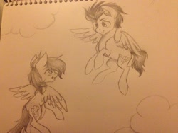 Size: 1024x768 | Tagged: safe, artist:kaleidoscopeheavens, rainbow dash, soarin', pegasus, pony, female, male, shipping, sketchbook, soarindash, straight, traditional art