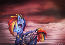 Size: 4459x3114 | Tagged: safe, artist:korinichi, derpibooru import, rainbow dash, pegasus, pony, the cutie re-mark, alternate timeline, apocalypse dash, clothes, crystal war timeline, prosthetic limb, scar, solo, torn ear, uniform