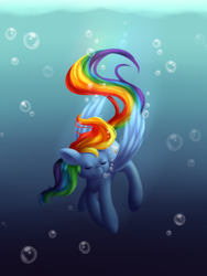 Size: 900x1200 | Tagged: safe, artist:spencella, rainbow dash, pegasus, pony, bubble, eyes closed, solo, underwater