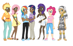 Size: 800x505 | Tagged: safe, artist:wednesdaylaw, derpibooru import, applejack, fluttershy, pinkie pie, rainbow dash, rarity, twilight sparkle, zecora, book, clothes, dark skin, dress, humanized, light skin, mane six, midriff, sandals, simple background, white background