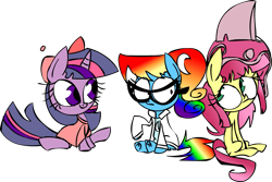 Size: 1225x818 | Tagged: safe, artist:mushroomcookiebear, fluttershy, rainbow dash, twilight sparkle, pegasus, pony, andrea libman, ashleigh ball, dragon ball, johnny test, mary test, tara strong, the fairly oddparents, timmy turner, voice actor joke, young chi-chi