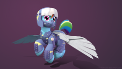 Size: 1920x1080 | Tagged: safe, artist:chronotrickle, derpibooru import, rainbow dash, pegasus, pony, the cutie re-mark, 3d, alternate timeline, amputee, apocalypse dash, augmented, clothes, crystal war timeline, flight suit, helmet, prosthetic limb, prosthetic wing, prosthetics, solo