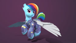 Size: 1920x1080 | Tagged: safe, artist:chronotrickle, derpibooru import, rainbow dash, pegasus, pony, the cutie re-mark, 3d, alternate timeline, amputee, apocalypse dash, augmented, clothes, crystal war timeline, flight suit, flying, prosthetic limb, prosthetic wing, prosthetics, solo