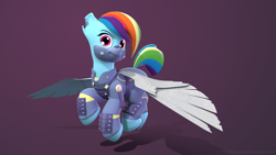 Size: 1920x1080 | Tagged: safe, artist:chronotrickle, derpibooru import, rainbow dash, pegasus, pony, the cutie re-mark, 3d, alternate timeline, amputee, apocalypse dash, augmented, clothes, crystal war timeline, flight suit, flying, prosthetic limb, prosthetic wing, prosthetics, solo