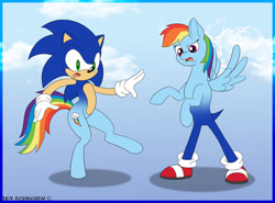Size: 1024x756 | Tagged: safe, artist:foxbeast, derpibooru import, part of a set, rainbow dash, hybrid, body swap, crossover, female to male, partial body swap, pony to anthro, rule 63, sega, simple background, sonic the hedgehog, sonic the hedgehog (series), transformation, transgender transformation, video game