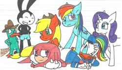 Size: 1308x749 | Tagged: safe, artist:cmara, derpibooru import, applejack, rainbow dash, rarity, earth pony, pegasus, pony, unicorn, crossover, disney, donald duck, ducktales, knuckles the echidna, oswald the lucky rabbit, perry the platypus, phineas and ferb, sonic the hedgehog (series), traditional art