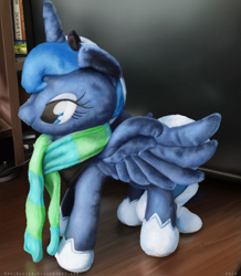 Size: 1747x2000 | Tagged: safe, artist:bra1neater, princess luna, alicorn, pony, clothes, not a plush, photorealistic, plushie, scarf, solo, spread wings