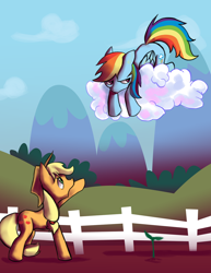 Size: 1024x1325 | Tagged: safe, artist:fauxsquared, derpibooru import, applejack, rainbow dash, earth pony, pegasus, pony, blonde mane, blue coat, blue wings, duo, female, mare, multicolored mane, orange coat, wings