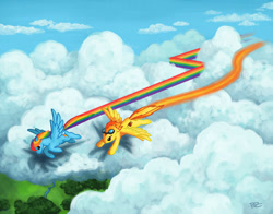 Size: 1008x792 | Tagged: safe, artist:ladyviridis, rainbow dash, spitfire, pegasus, pony, cloud, cloudy, flying, goggles, race, sky