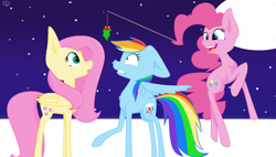 Size: 2358x1342 | Tagged: safe, artist:whatsup98, derpibooru import, fluttershy, pinkie pie, rainbow dash, earth pony, pegasus, pony, female, flutterdash, holly, holly mistaken for mistletoe, lesbian, ms paint, night, shipper on deck, shipping