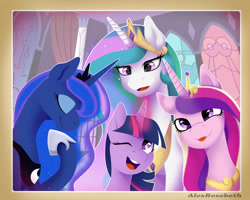 Size: 1024x820 | Tagged: safe, artist:scape-goats, princess cadance, princess celestia, princess luna, twilight sparkle, twilight sparkle (alicorn), alicorn, pony, alicorn tetrarchy, art trade, ethereal mane, eyes closed, female, glowing horn, hoof shoes, jewelry, mare, one eye closed, open mouth, regalia, smiling, starry mane, tongue out, wink