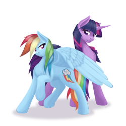Size: 1150x1150 | Tagged: safe, artist:jykinturah, rainbow dash, twilight sparkle, unicorn twilight, pegasus, pony, unicorn, action pose, female, lesbian, looking at you, mare, one hoof raised, shipping, simple background, smiling, spread wings, transparent background, twidash, wings