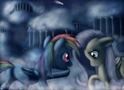 Size: 1500x1090 | Tagged: safe, artist:miokomata, fluttershy, rainbow dash, pegasus, pony, cloudsdale, female, mare