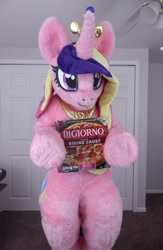 Size: 1337x2047 | Tagged: safe, artist:qtpony, photographer:qtpony, princess cadance, defictionalization, digiorno, food, fursuit, irl, meat, peetzer, pepperoni, pepperoni pizza, photo, pizza, ponysuit, smiling, solo, standing, that pony sure does love pizza