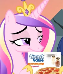 Size: 508x600 | Tagged: safe, edit, edited screencap, screencap, princess cadance, alicorn, pony, three's a crowd, budget cuts, cheap, cropped, disgusting, evil, food, great value, holding, meat, meme, pathetic, peetzer, pepperoni, pepperoni pizza, pizza, ponies eating meat, pure unfiltered evil, smiling, smirk, smug, solo, that pony sure does love pizza, this will end in sickness, unpleasant implications