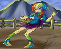 Size: 999x799 | Tagged: safe, artist:checkeredmarionette8, rainbow dash, devil horn (gesture), humanized, solo