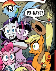 Size: 243x307 | Tagged: safe, derpibooru import, idw, applejack, fluttershy, pinkie pie, rainbow dash, rarity, twilight sparkle, earth pony, pegasus, pony, unicorn, the return of queen chrysalis, spoiler:comic, faic, official, official comic, scared