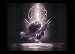 Size: 2000x1445 | Tagged: safe, artist:ventious, princess luna, alicorn, pony, eyes closed, female, flying, horn, jewelry, letterboxing, magic, magic circle, reflection, regalia, solo, spread wings, water, wings