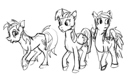 Size: 1202x700 | Tagged: safe, artist:archonix, lyra heartstrings, rainbow dash, twilight sparkle, twilight sparkle (alicorn), alicorn, pegasus, pony, fanfic:xenophilia, immortality blues, monochrome, sad, sketch