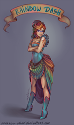 Size: 446x750 | Tagged: safe, artist:sparrow-chan, rainbow dash, alternate hairstyle, banner, clothes, corset, dress, face paint, high heel boots, humanized, old banner, solo