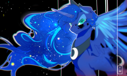 Size: 2697x1618 | Tagged: safe, artist:yosaun, princess luna, alicorn, pony, chromatic aberration, crown, ethereal mane, glare, jewelry, looking at you, necklace, regalia, solo, starry mane