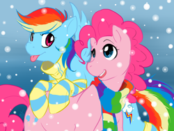 Size: 1600x1200 | Tagged: safe, artist:collaredginger, derpibooru import, pinkie pie, rainbow dash, earth pony, pegasus, pony, clothes, female, lesbian, pinkiedash, scarf, shipping, snow, snowfall