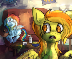 Size: 1047x865 | Tagged: safe, artist:terrac0tta, rainbow dash, spitfire, pegasus, pony, drink, interior, sofa, surprised