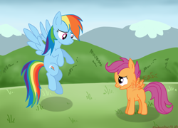 Size: 712x512 | Tagged: safe, artist:shadowstar-12, rainbow dash, scootaloo, pegasus, pony, female, mare, scootaloo can't fly, wings