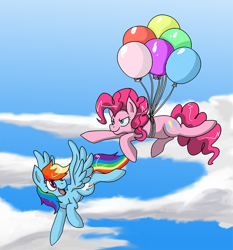 Size: 800x858 | Tagged: safe, artist:himanuts, derpibooru import, pinkie pie, rainbow dash, earth pony, pegasus, pony, balloon, flying, then watch her balloons lift her up to the sky