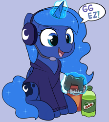 Size: 579x650 | Tagged: safe, artist:moozua, derpibooru exclusive, princess luna, alicorn, pony, chibi, chips, clothes, controller, cute, digital art, doritos, female, food, gamer luna, ggez, headphones, hoodie, lunabetes, mare, microphone, mlg, mountain dew, solo, woona