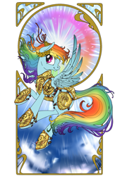 Size: 1053x1524 | Tagged: safe, artist:sourcherry, derpibooru import, rainbow dash, pegasus, pony, armor, epic, flying, laurel wreath, modern art, nouveau, solo, sonic rainboom, windswept mane