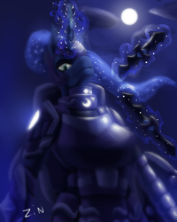 Size: 4000x5000 | Tagged: safe, artist:zintenka, princess luna, alicorn, anthro, armor, badass, blurry, looking at you, magic, moon, shield, telekinesis, weapon