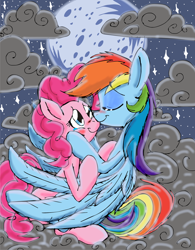 Size: 1024x1314 | Tagged: safe, artist:dashiepie, derpibooru import, pinkie pie, rainbow dash, earth pony, pegasus, pony, blushing, crying, flying, moon, pinkiedash, shipping