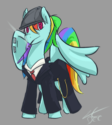 Size: 732x820 | Tagged: safe, artist:liracrown, derpibooru import, rainbow dash, pegasus, pony, cigarette, clothes, flat cap, fob watch, hat, necktie, newsboy hat, peaky blinders, peaky flyers, razor blade, simple background, sketch, smoking, solo, suit, trenchcoat