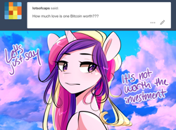 Size: 1280x943 | Tagged: safe, artist:sugarberry, princess cadance, alicorn, pony, ask, ask-cadance, bitcoin, female, mare, solo, tumblr