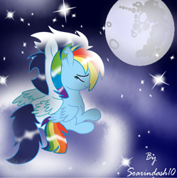 Size: 2327x2339 | Tagged: safe, artist:soarindash10, derpibooru import, rainbow dash, soarin', pegasus, pony, the cutie re-mark, alternate timeline, apocalypse dash, cloud, crystal war timeline, female, hug, male, mare in the moon, moon, night, shipping, smiling, snuggling, soarindash, stars, straight