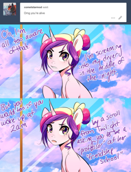 Size: 1280x1679 | Tagged: safe, artist:sugarberry, princess cadance, alicorn, pony, alternate hairstyle, ask, ask-cadance, female, hair bun, mare, solo, tumblr