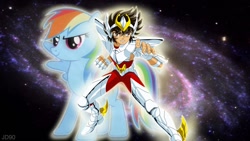 Size: 1024x576 | Tagged: safe, rainbow dash, pegasus, pony, anime, crossover, funny, saint seiya