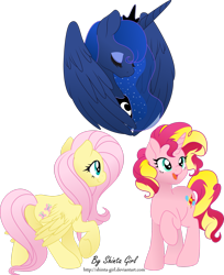 Size: 2213x2711 | Tagged: safe, artist:shinta-girl, fluttershy, pinkie pie, princess luna, sunset shimmer, alicorn, pegasus, pony, unicorn, female, fusion, group, mare, raised hoof, simple background, transparent background, vector