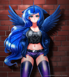 Size: 850x951 | Tagged: safe, artist:racoonsan, princess luna, human, badass, belly button, belt, breasts, brick wall, clothes, cutie mark on human, female, frown, hands in pockets, hoodie, horned humanization, humanized, jacket, leggings, looking at you, midriff, pouting, shadow, short shirt, shorts, solo, vulgar, winged humanization