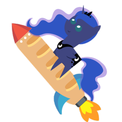 Size: 512x512 | Tagged: safe, princess luna, alicorn, pony, baguette, bread, emoji, food, french bread, pointy ponies, riding, rocket, simple background, smiling, transparent background