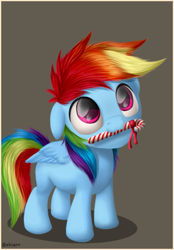 Size: 425x612 | Tagged: safe, artist:shiarr, derpibooru import, rainbow dash, pegasus, pony, candy, candy cane, cute, dashabetes, filly, filly rainbow dash, floppy ears, food, mouth hold, solo